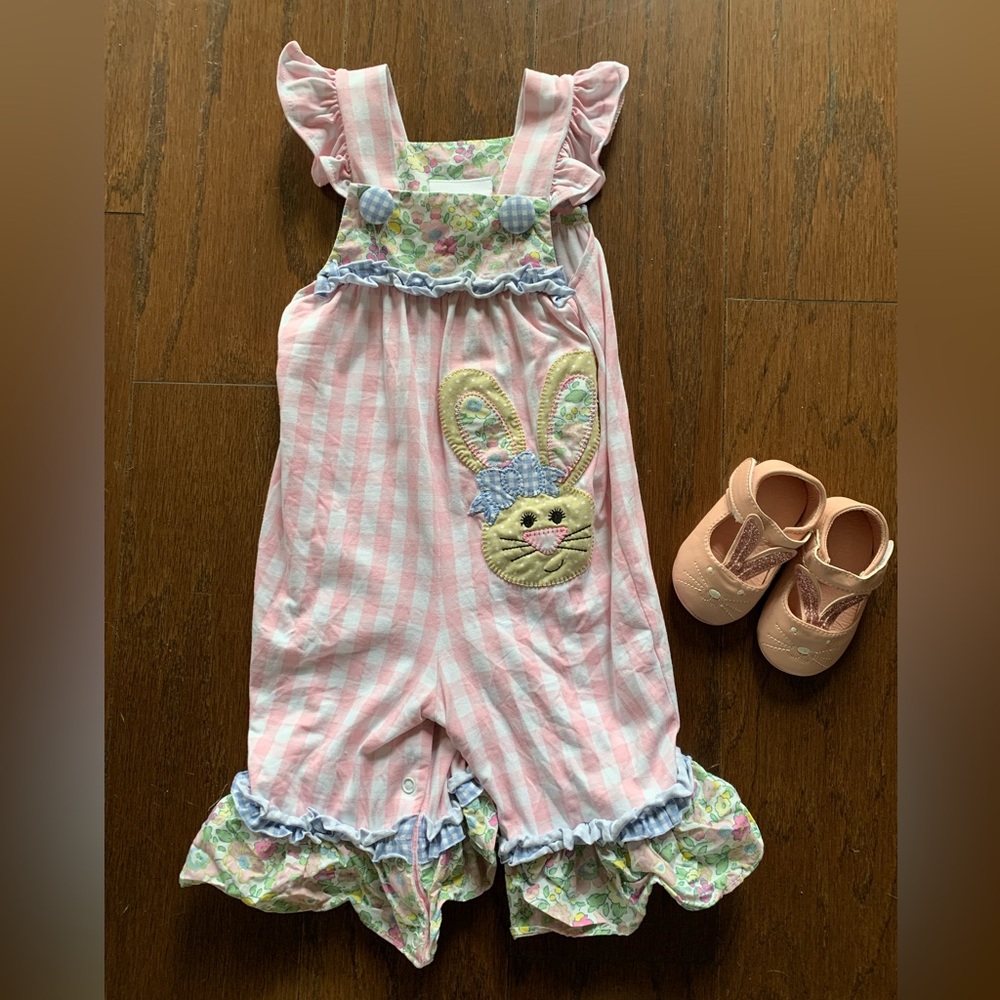 Natalie Grant Pink Striped Baby Girl Overalls with Bunny Design; matching shoes